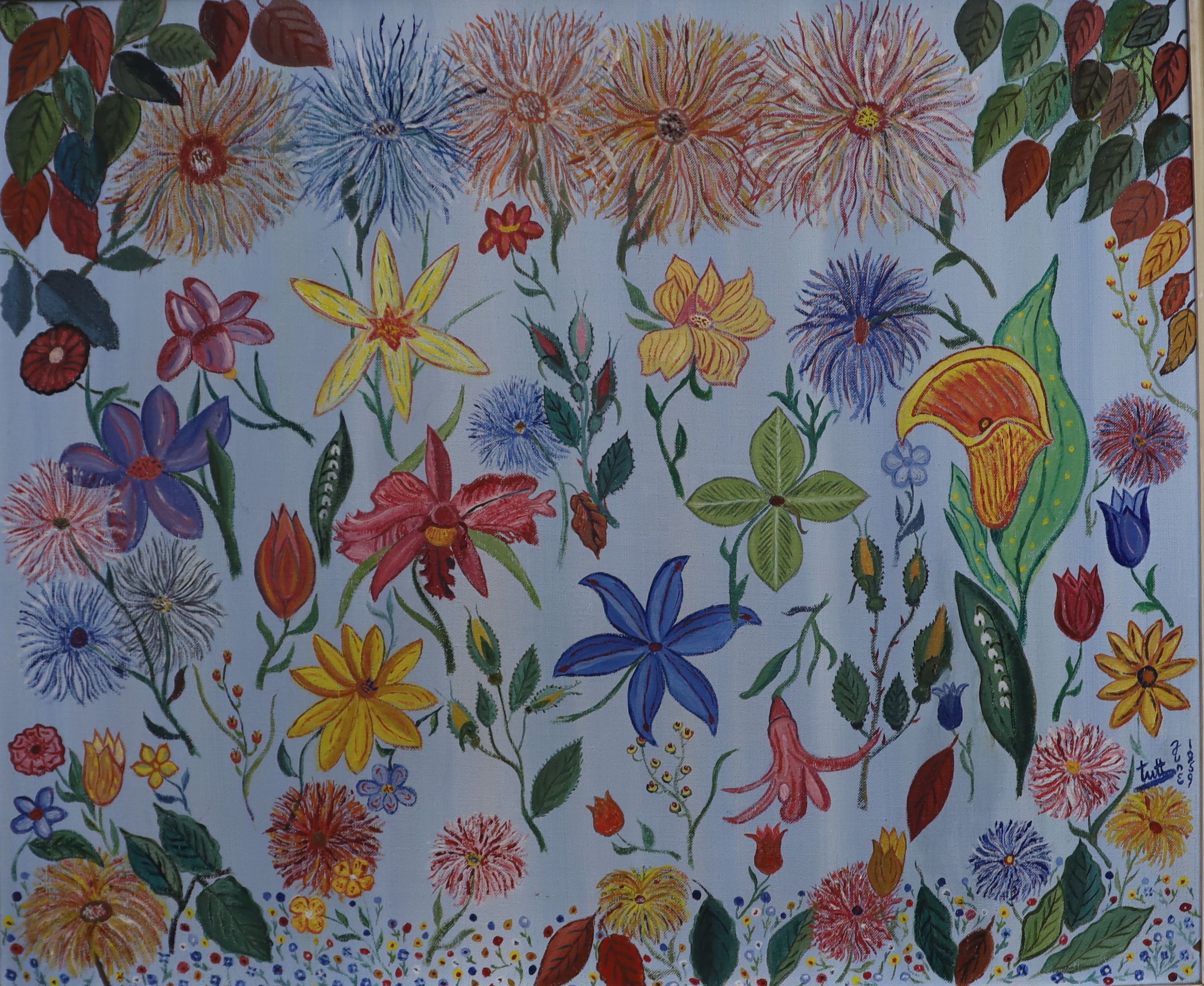Tutt Flowers on a blue ground and Aquatic scene 50.5 x 61cm and 39.75 x 45.75cm